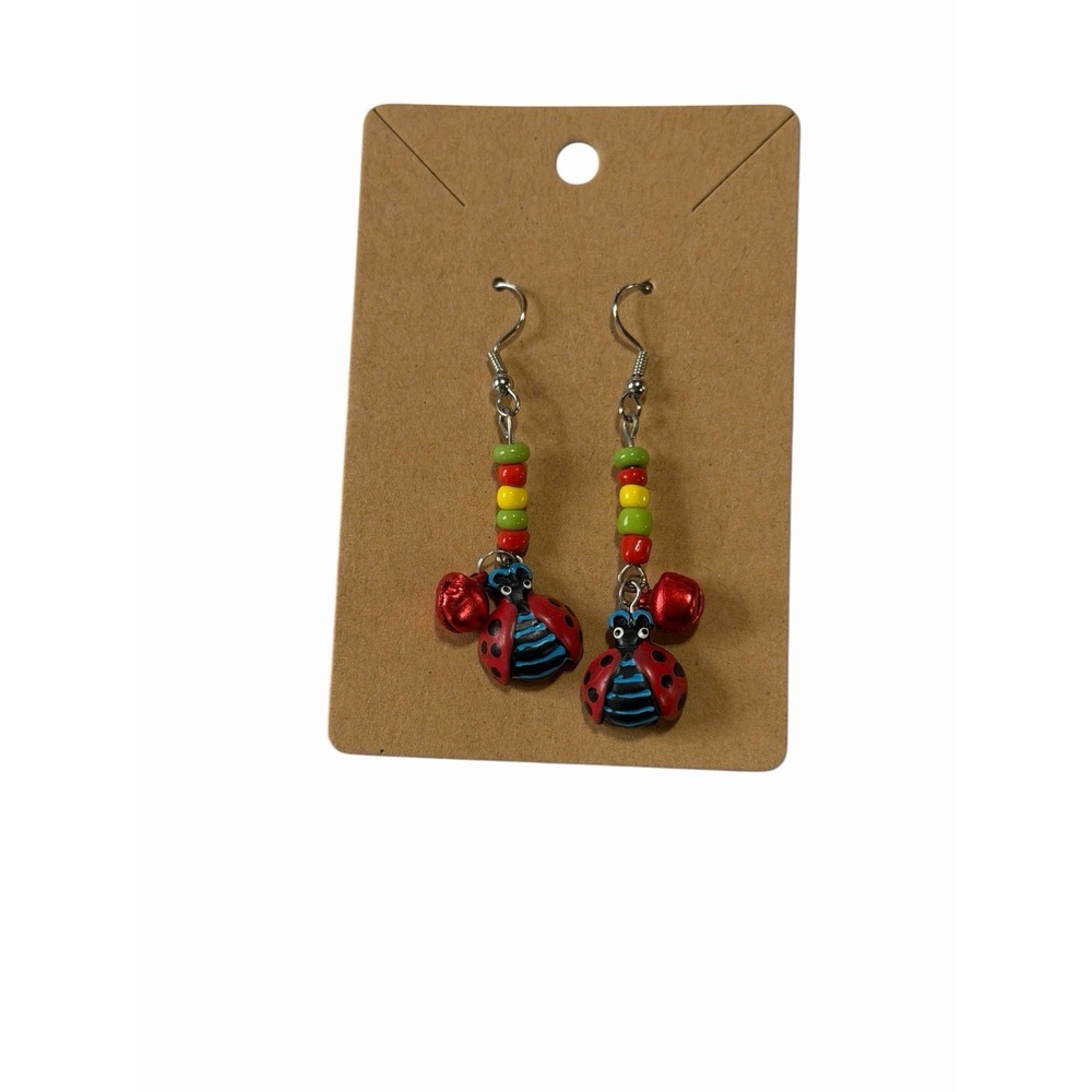 Ladybug Dangle Earrings Red Green Yellow Beads Cottagecore Nature‎ Gift